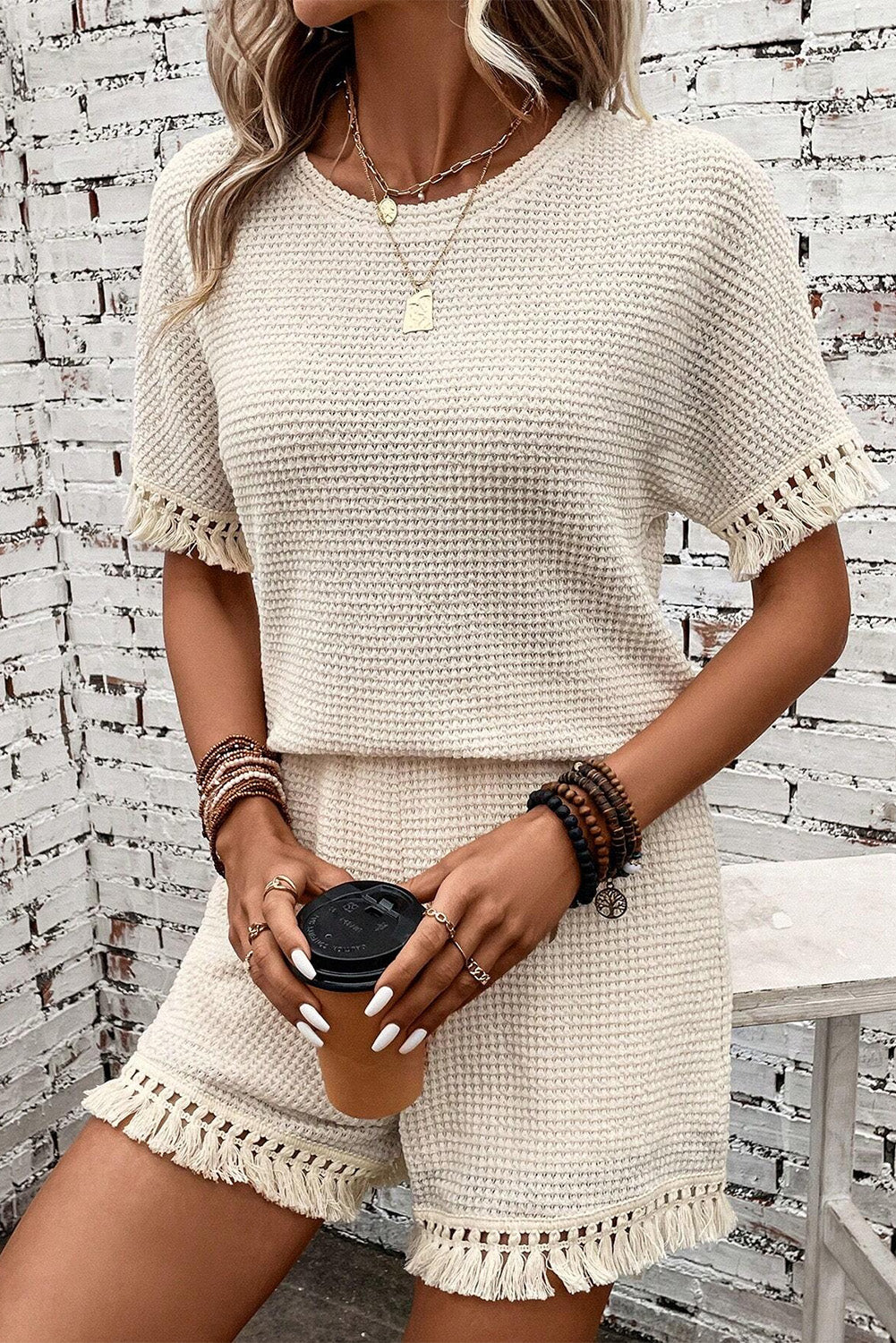 Stacey B's Beige Fringe Trim Waffle Knit Textured Shorts Set