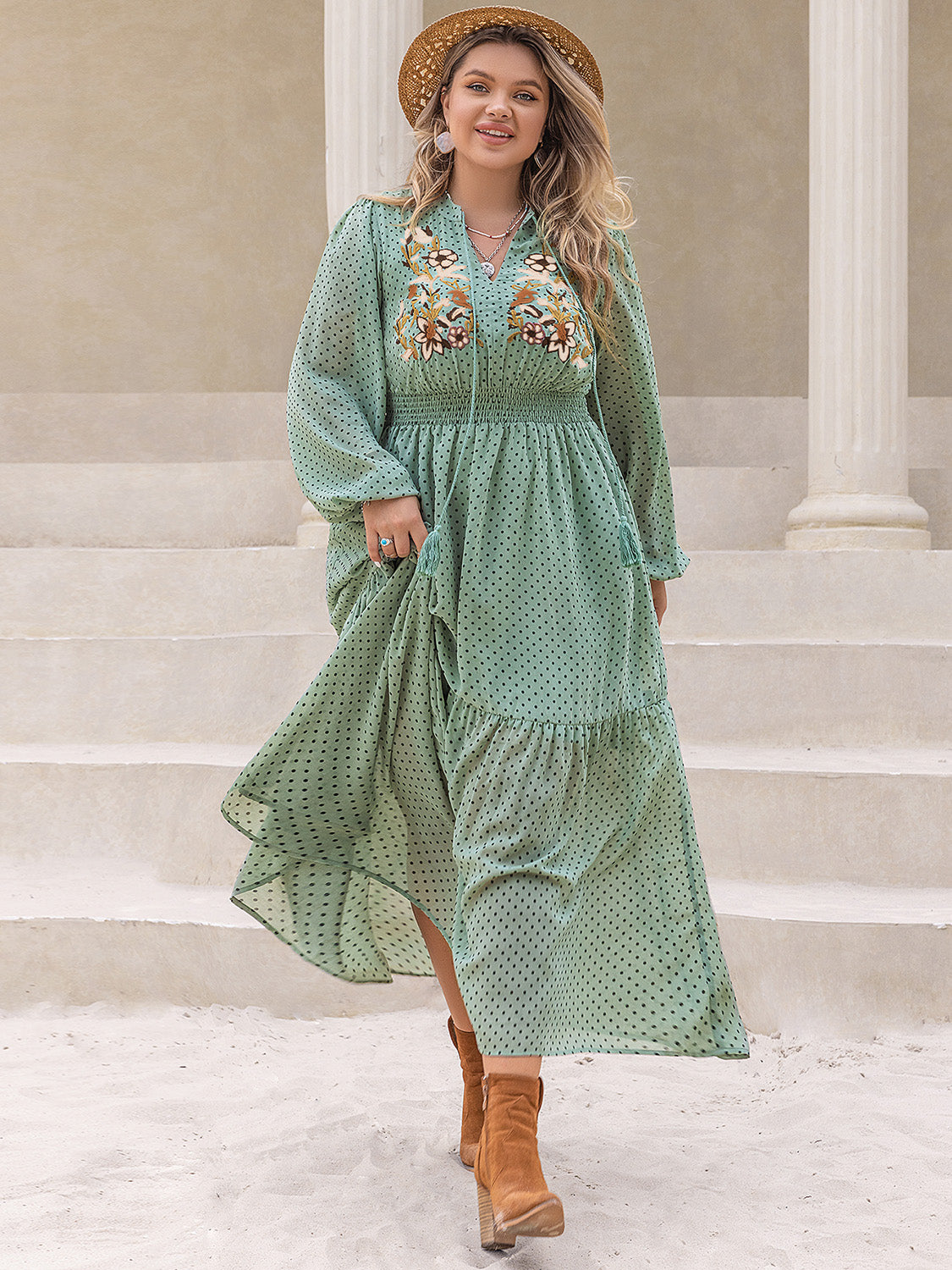 Stacey B's Tassel Printed Tie Neck Long Sleeve Midi Dress