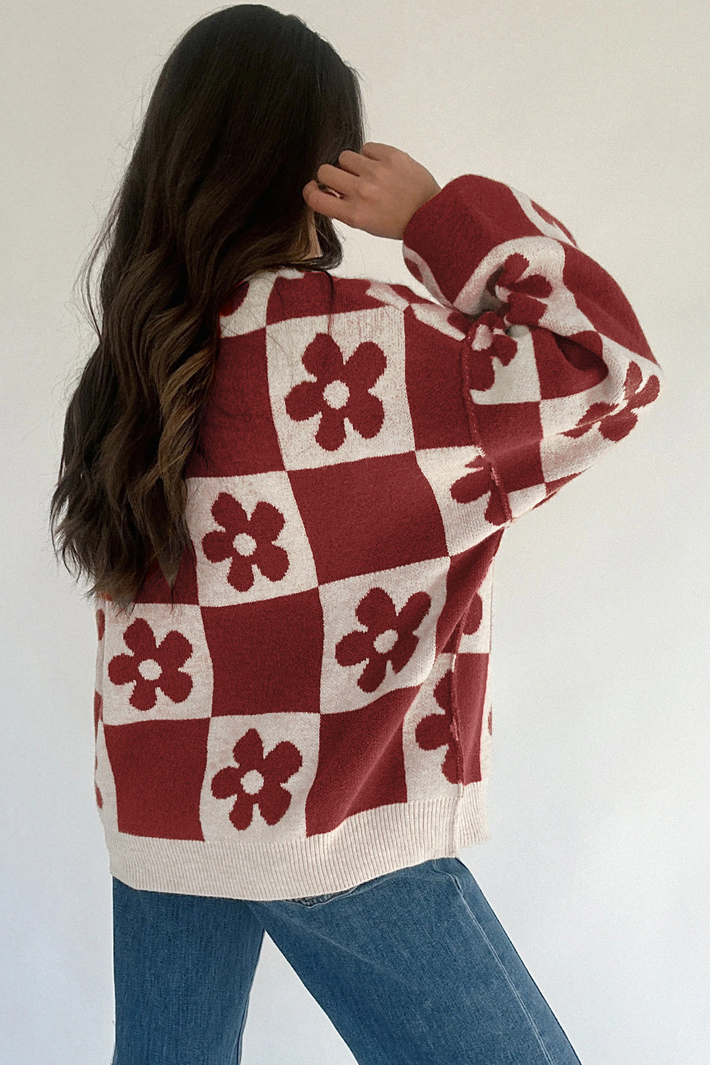Stacey B's Black Flower Colorblock Checkered Henley Sweater