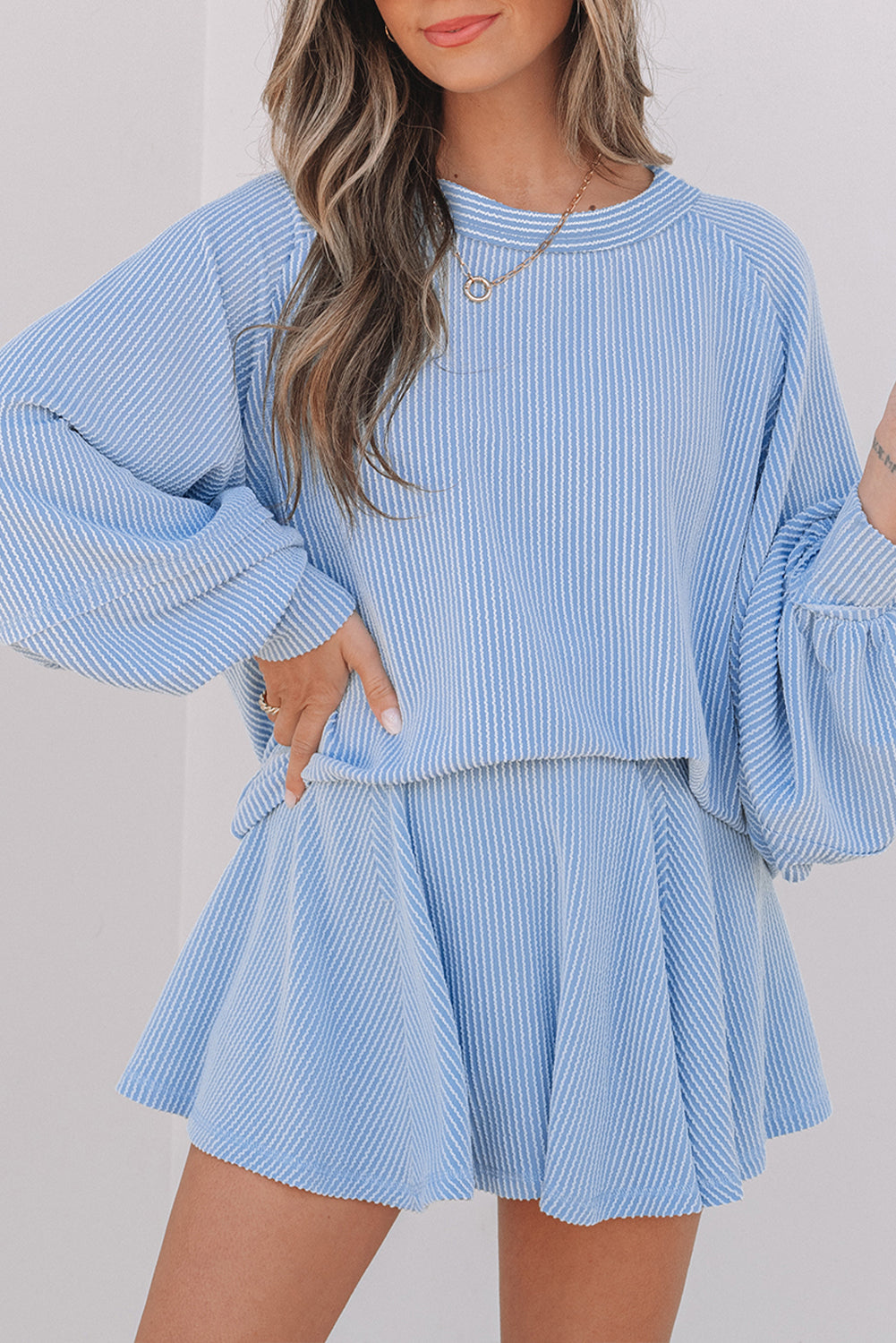 Stacey B's Sky Blue Corded Lantern Sleeve Top High Waist Ruffled Mini Skort Set