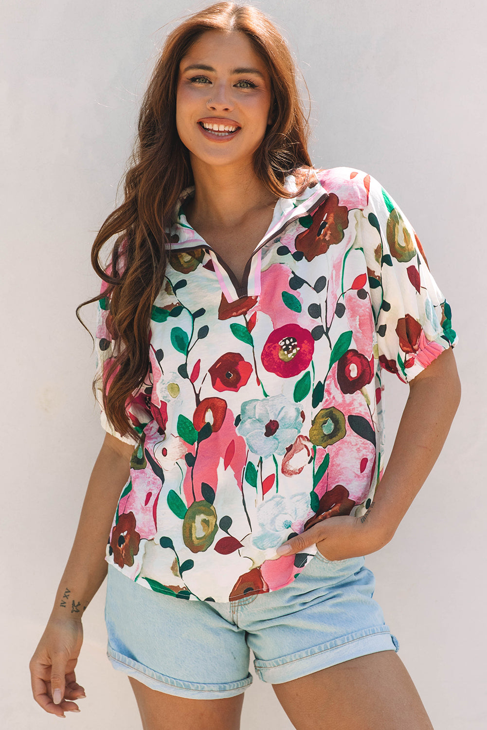 Stacey B's Pink Floral Print Slit V Neck Short Sleeve Blouse