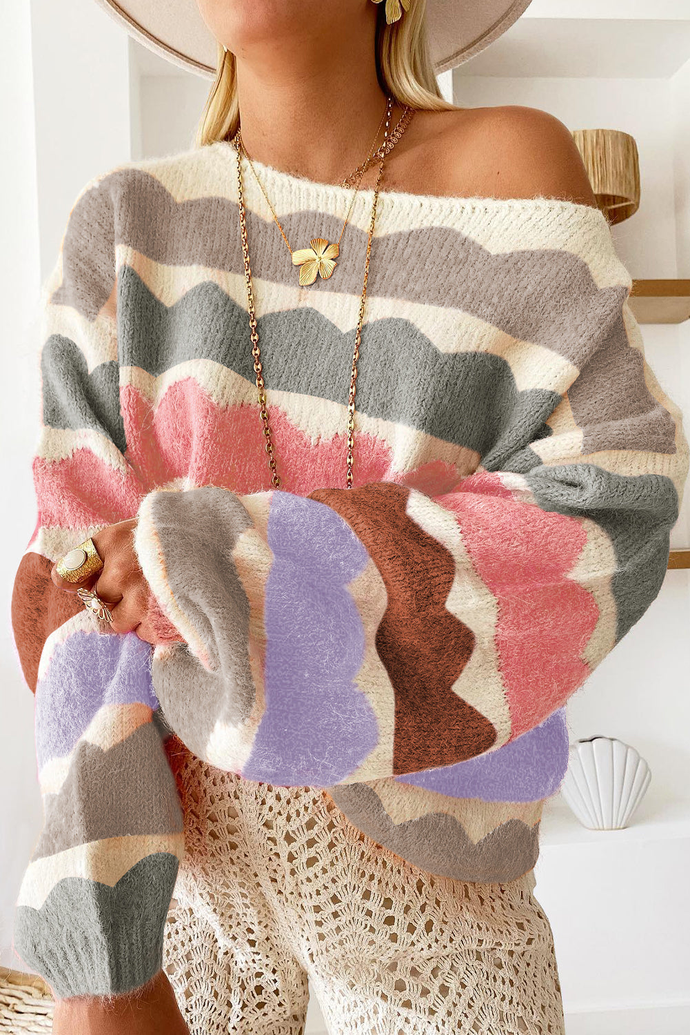 Stacey B's Gray Wave Striped Balloon Sleeve Drop Shoulder Sweater