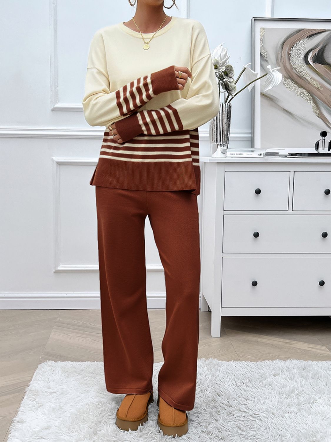 Stacey B's Devine Slit Striped Round Neck Top and Pants Sweater Set