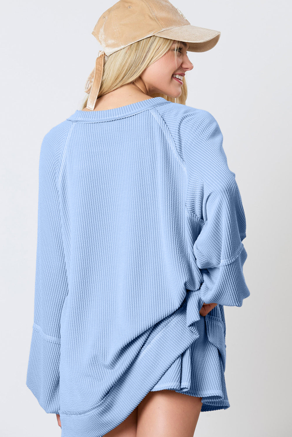Stacey B's Jet Stream Corded Lantern Sleeve Pullover and Ruffle Mini Skirt Set