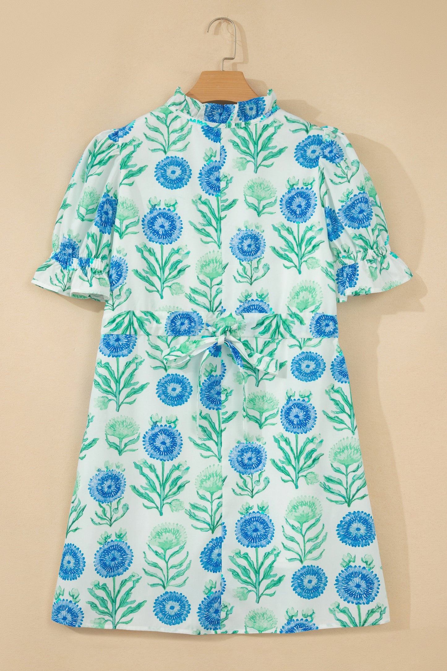 Stacey B's Sky Blue Floral Print Half Button Frilly Short Sleeve Dress