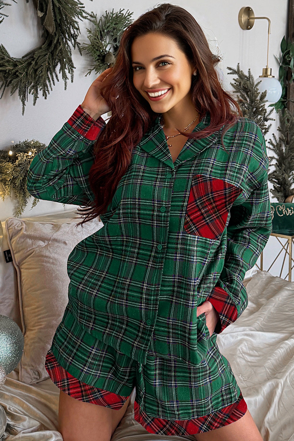 Stacey B's Red Plaid Contrast Color Christmas Holiday Long Sleeve Shirt and Shorts Pajama Set