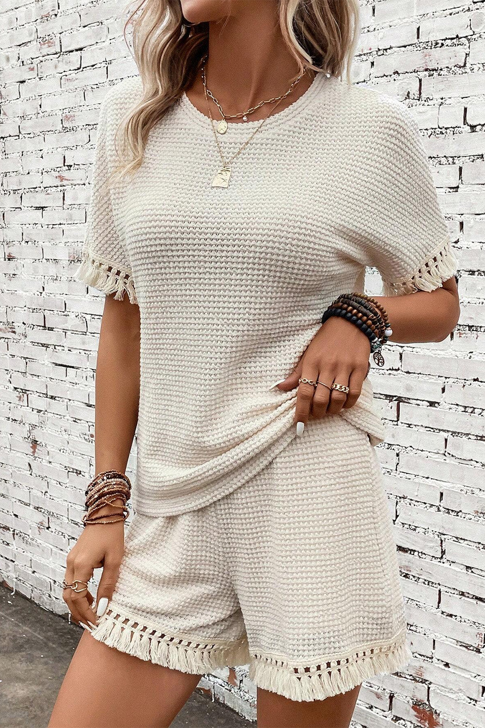 Stacey B's Beige Fringe Trim Waffle Knit Textured Shorts Set