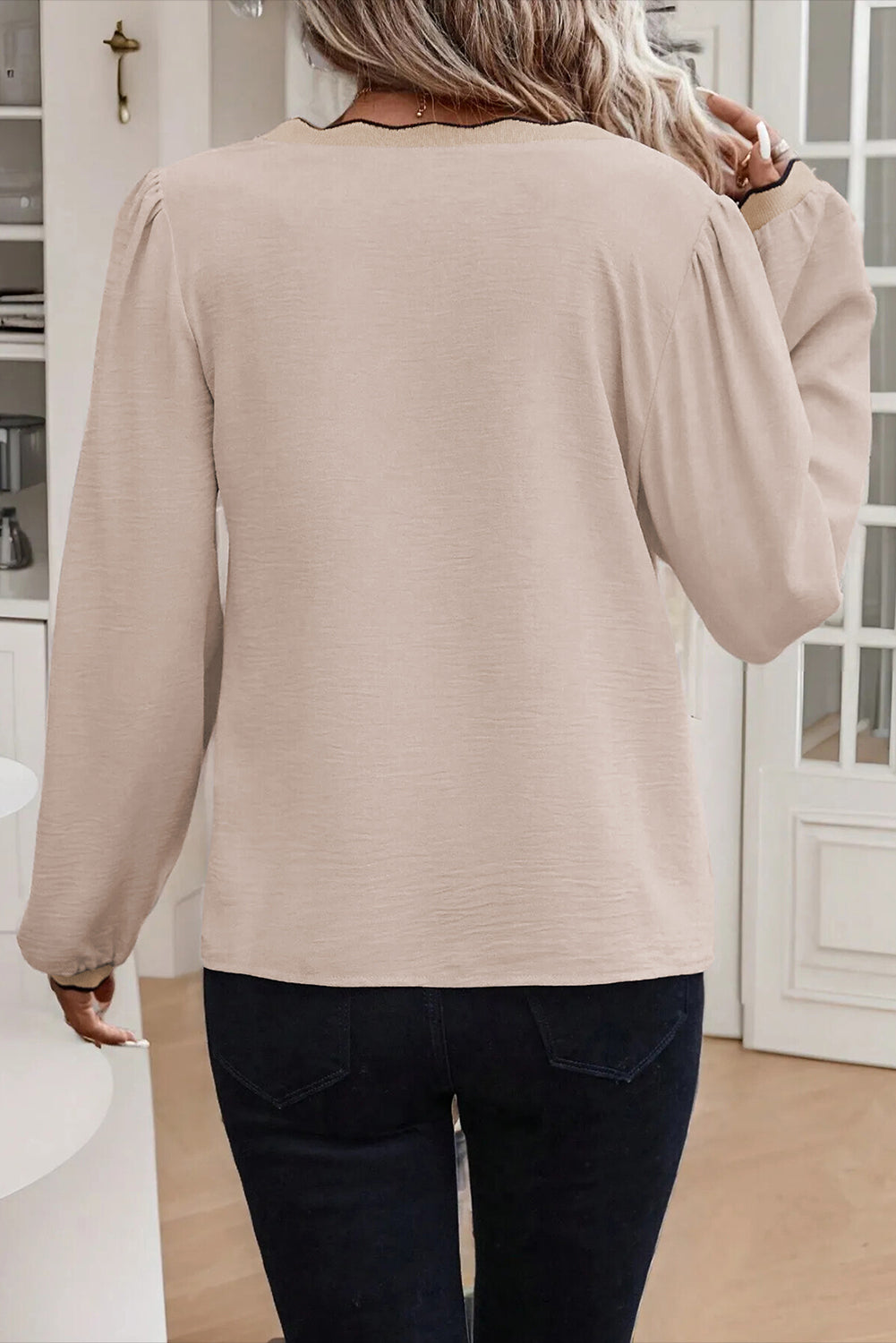 Stacey B's Jet Stream Contrast Scallop Trim V Neck Long Sleeve Top