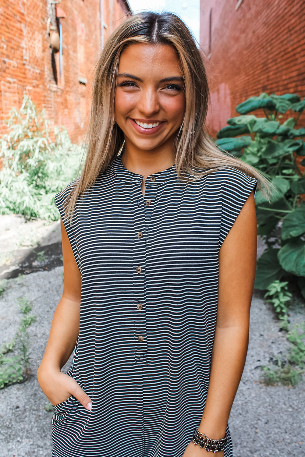 Stacey B's Black white Striped Print Buttoned Wide Leg Sleeveless Jumpsuit