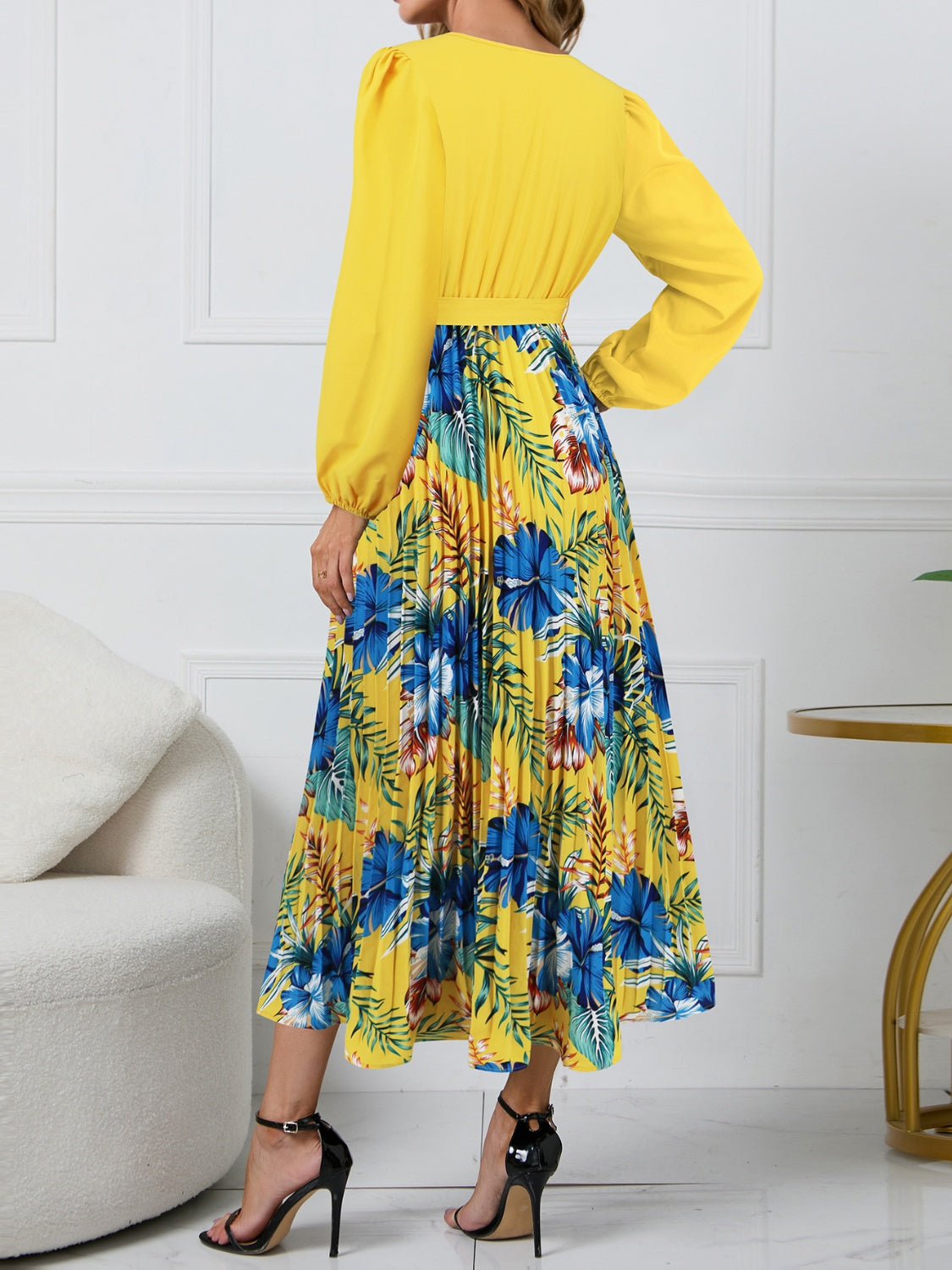 Stacey B's Pleated Printed Surplice Long Sleeve Dress