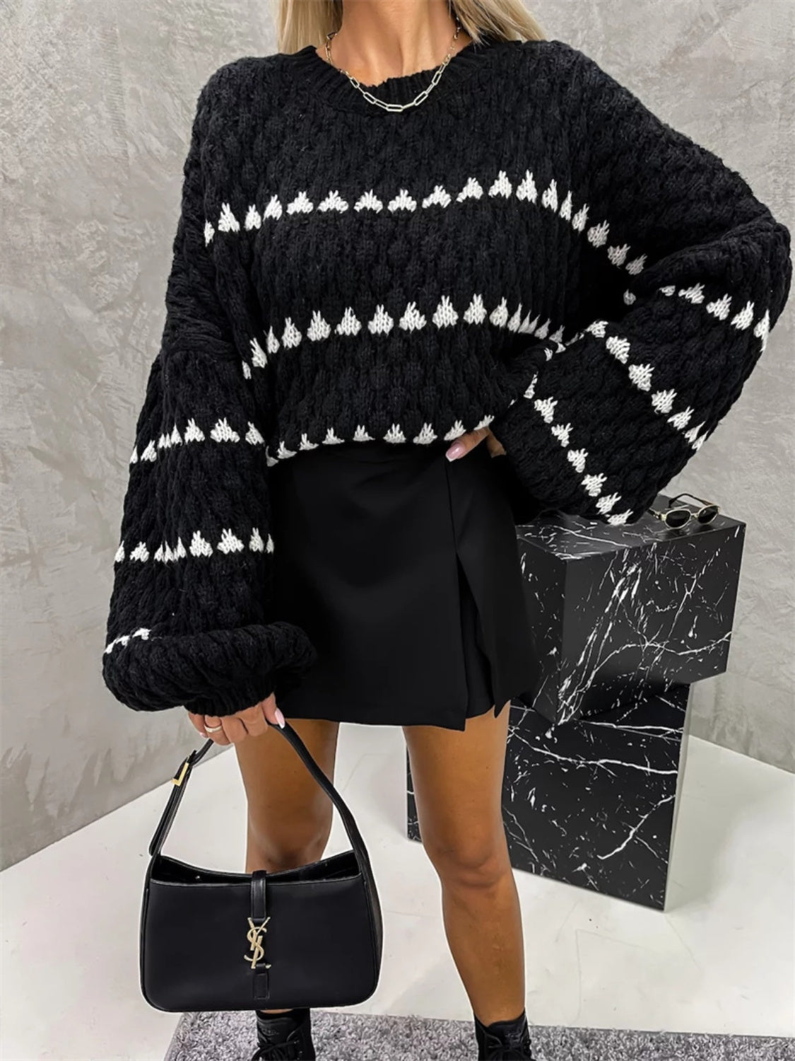 Stacey B's Contrast Round Neck Long Sleeve Sweater