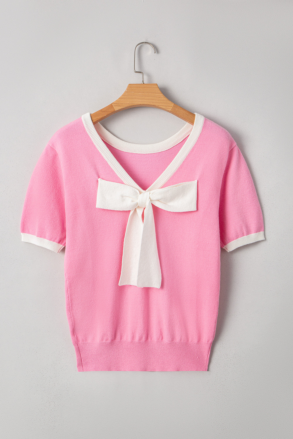 Stacey B's Bonbon Colorblock Bow V-Shape Cut Back Short Sleeve Sweater