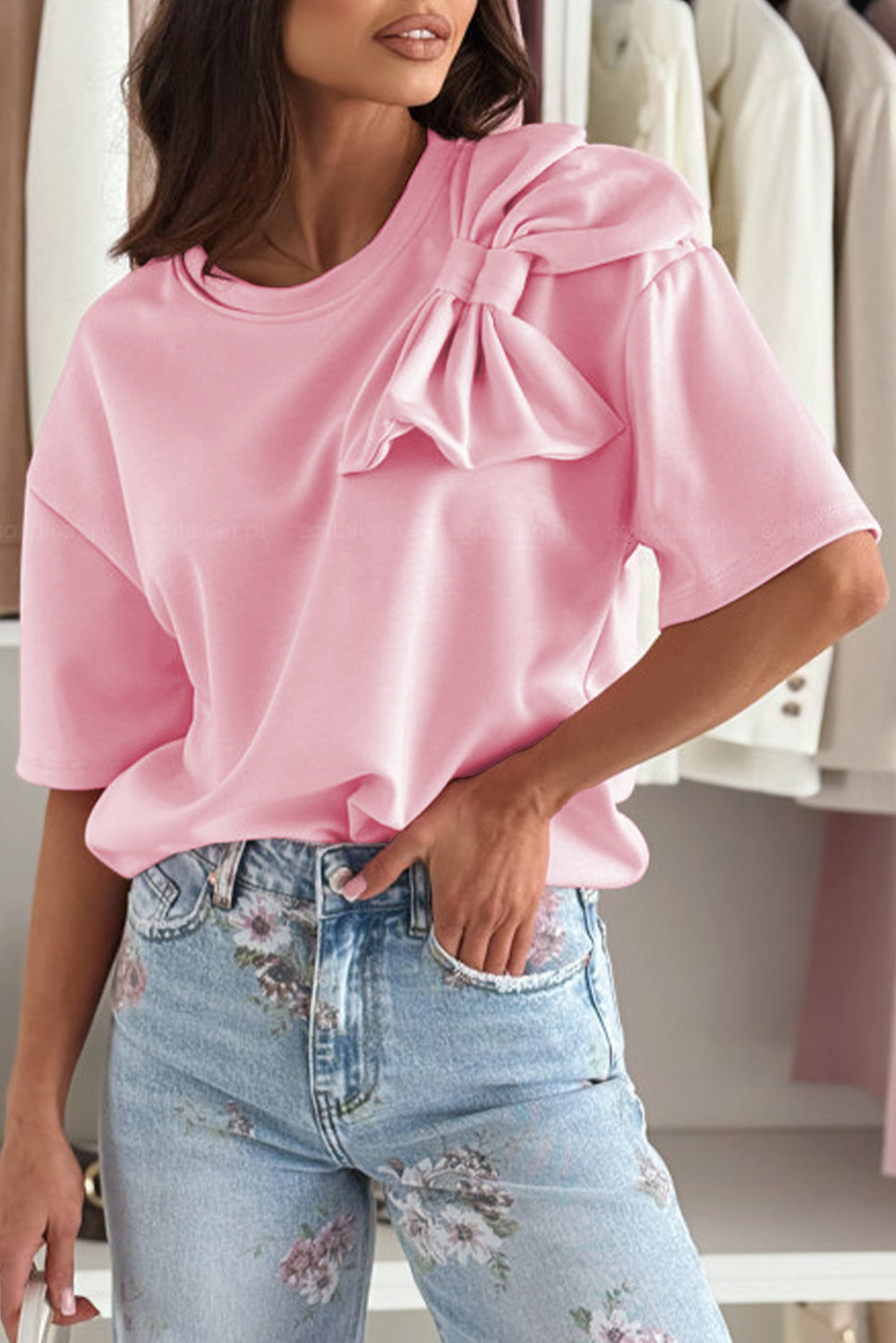 Stacey B's Pink Bow Applique Half Sleeve T-shirt