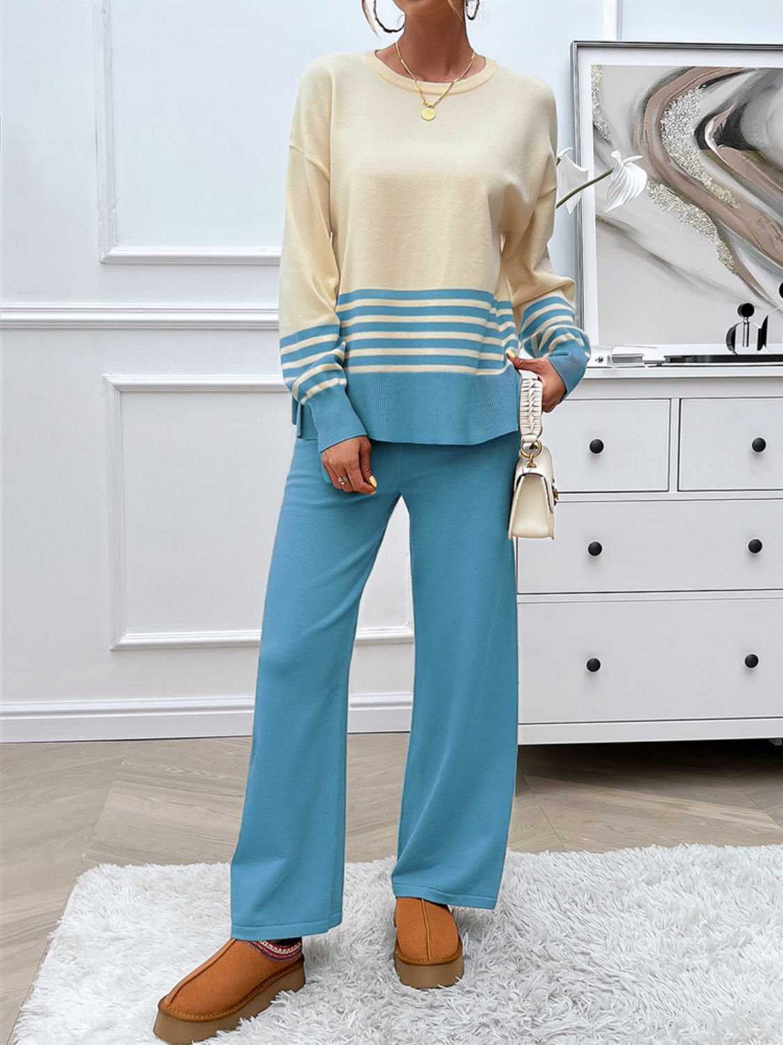 Stacey B's Devine Slit Striped Round Neck Top and Pants Sweater Set