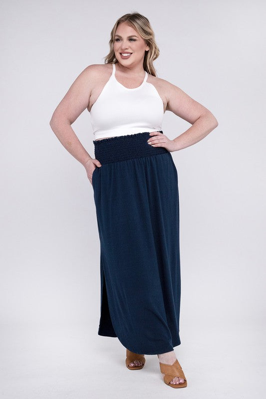 Stacey B's Plus Smocked Waist Side Slit Maxi Skirt w/ Pockets