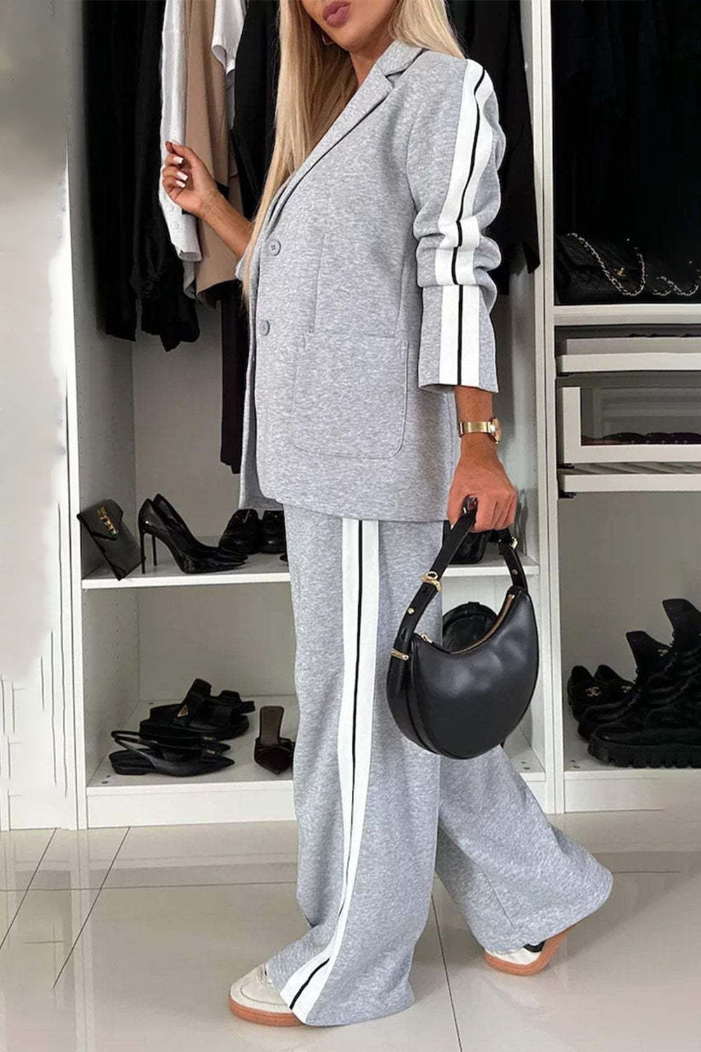 Stacey B's Full Size Contrast Lapel Collar Top and Pants Set