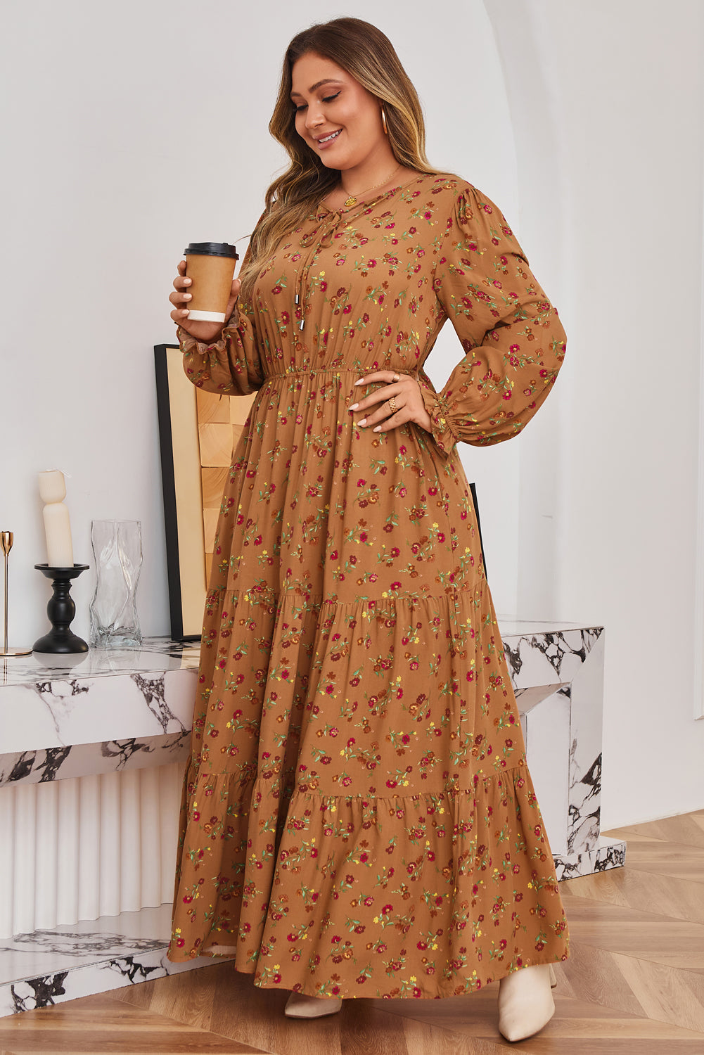 Stacey B's Brown Plus Size Floral Split V Neck Ruffled Sleeve Tiered Maxi Dress