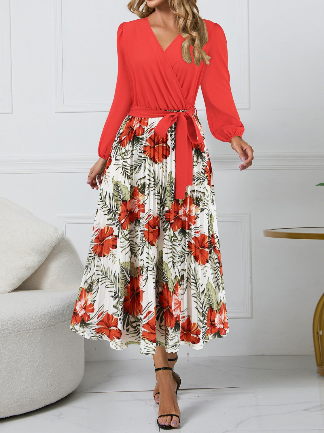 Stacey B's Pleated Printed Surplice Long Sleeve Dress