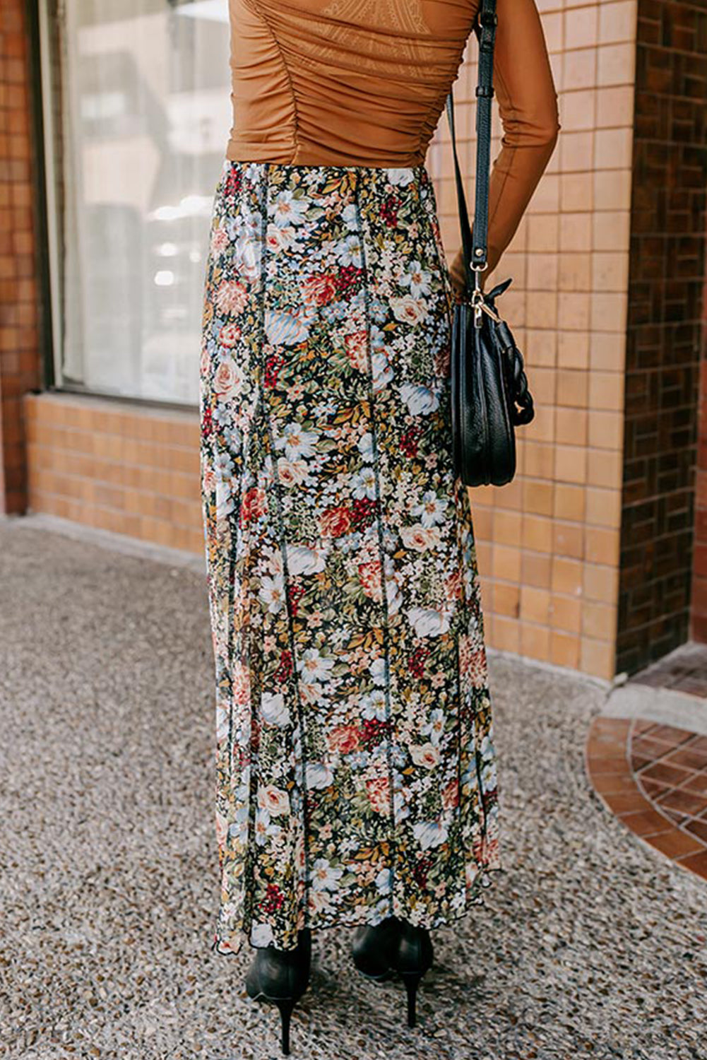 Stacey B's Brown Allover Floral Print Bohemian High Waist Maxi Skirt