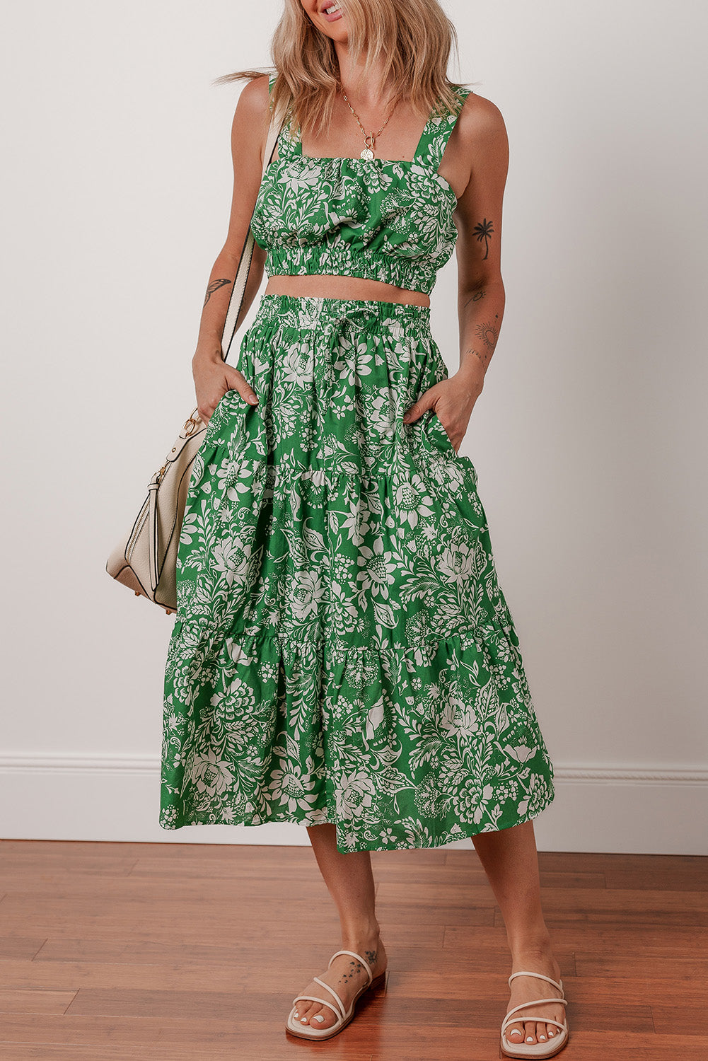 Stacey B's Green Floral Print Shirred Crop Top and High Waist Midi Skirt Set