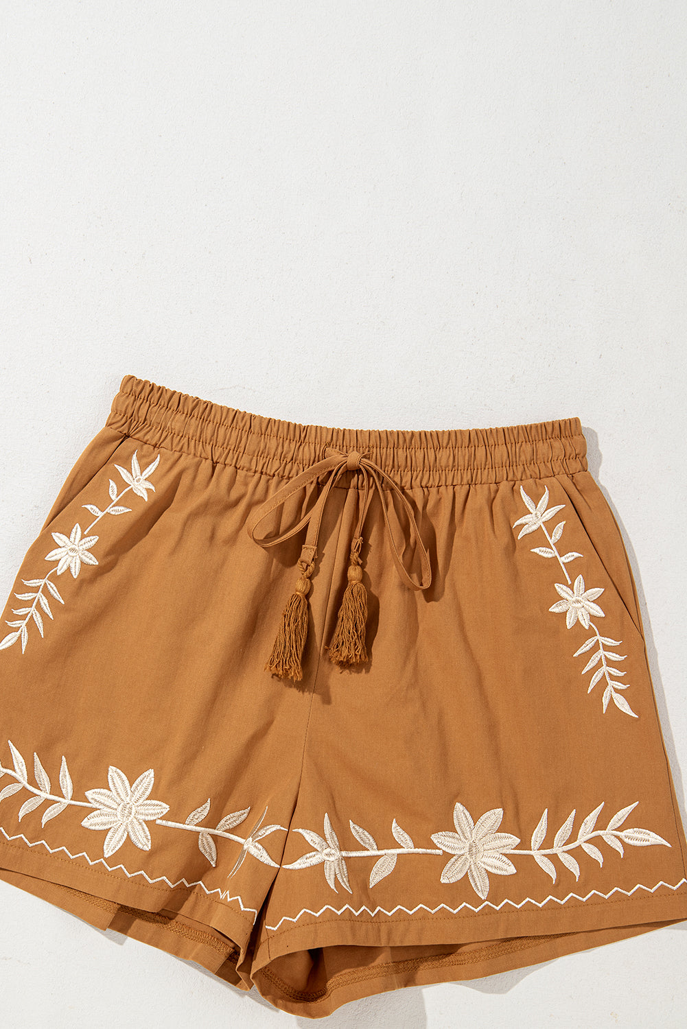 Stacey B's Khaki Embroidered Boho Tasseled Drawstring Elastic Waist Casual shorts