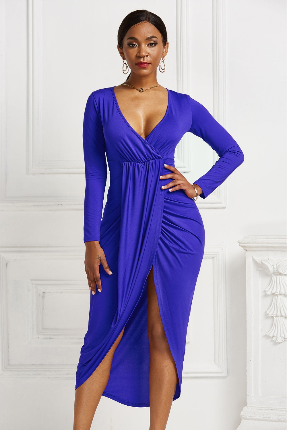 Stacey B's High-low Ruched Surplice Long Sleeve Dress