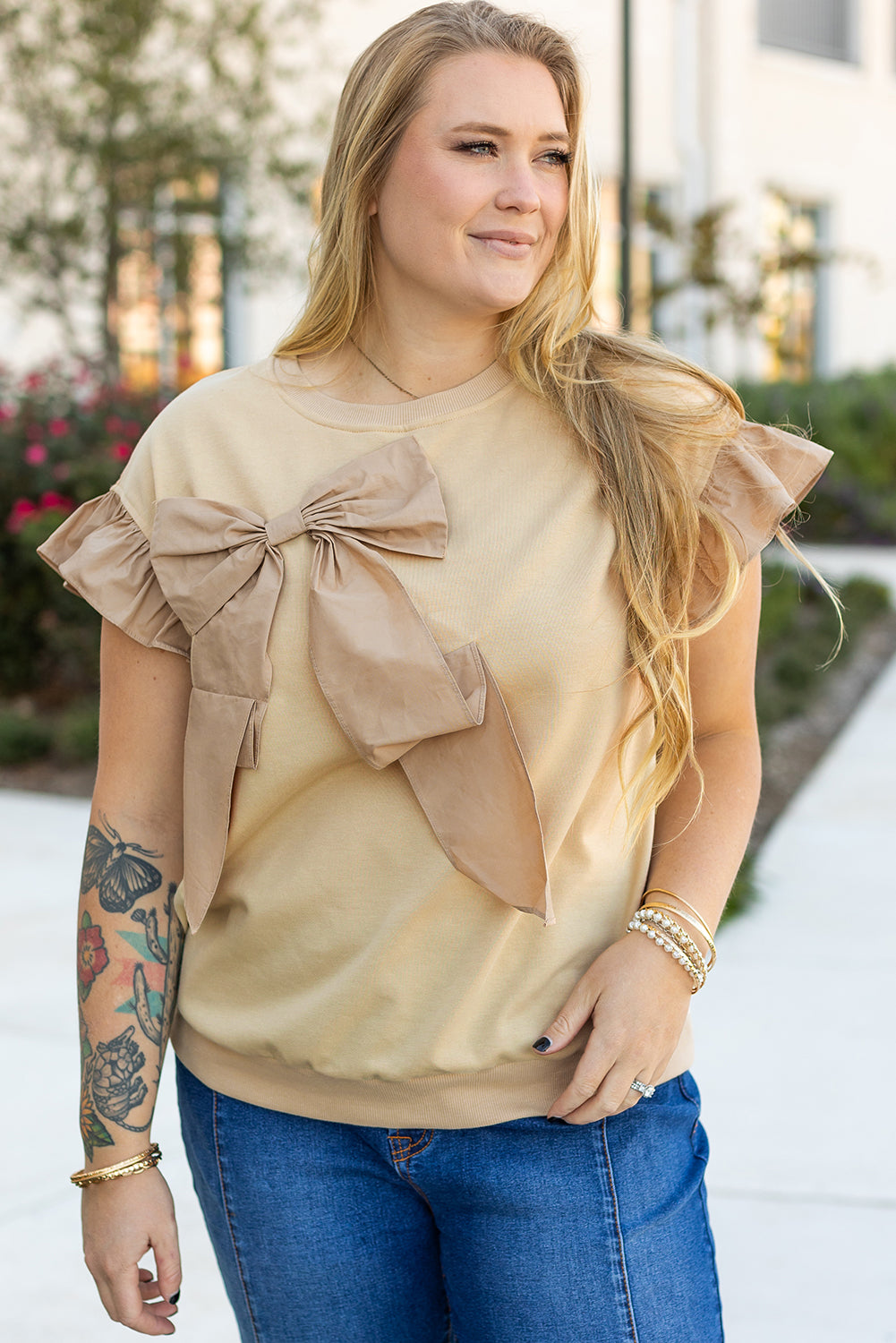 Stacey B's Parchment Ruffled Short Sleeve Bowknot Applique Crew Neck Plus Size Top
