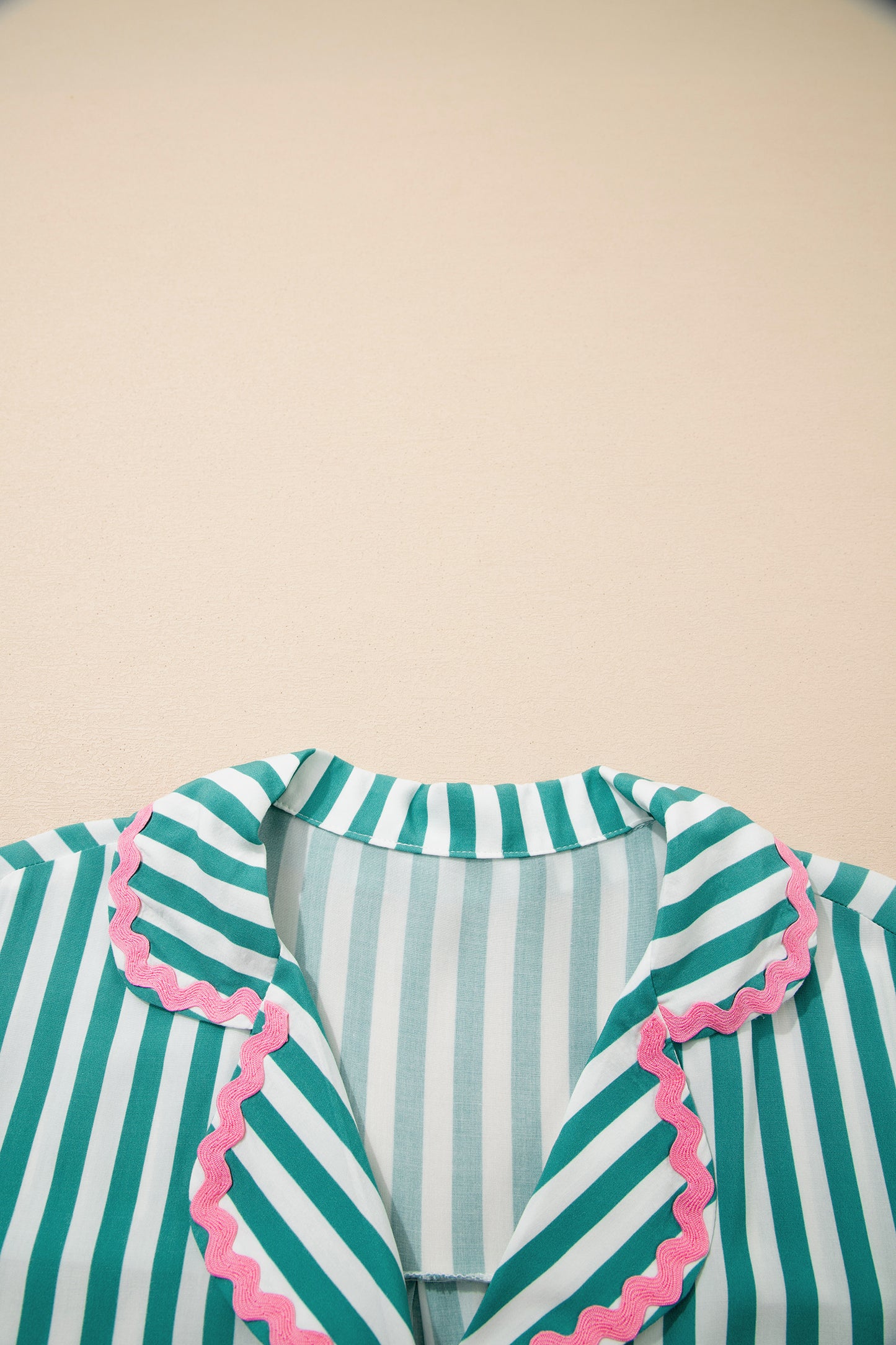 Stacey B's Green Stripe Contrast Ricrac Trim Long Sleeve Shirt Drawstring Ruffled Pajama Short Set