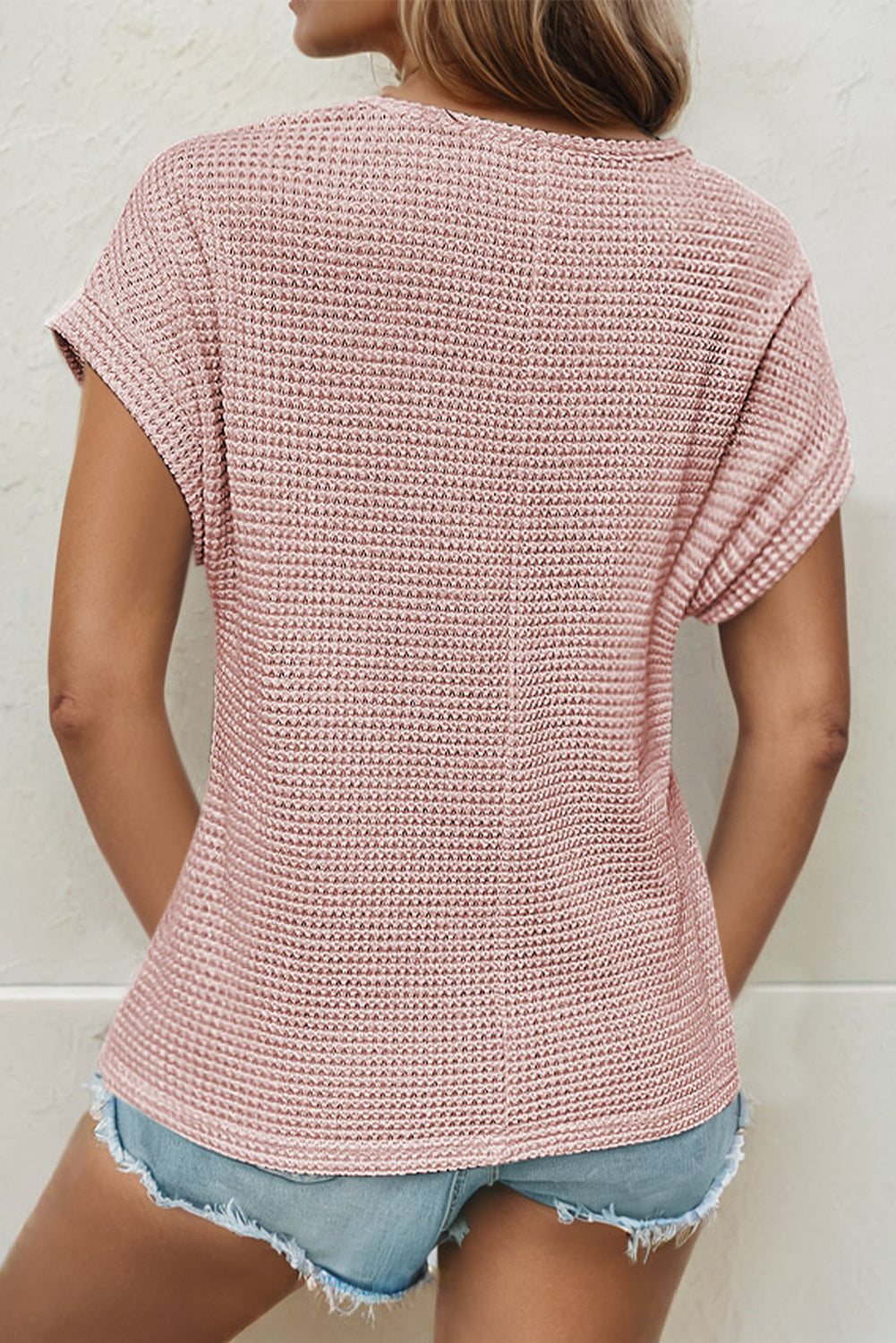 Stacey B's Light Pink Lace Patchwork Waffle Short Sleeve Top