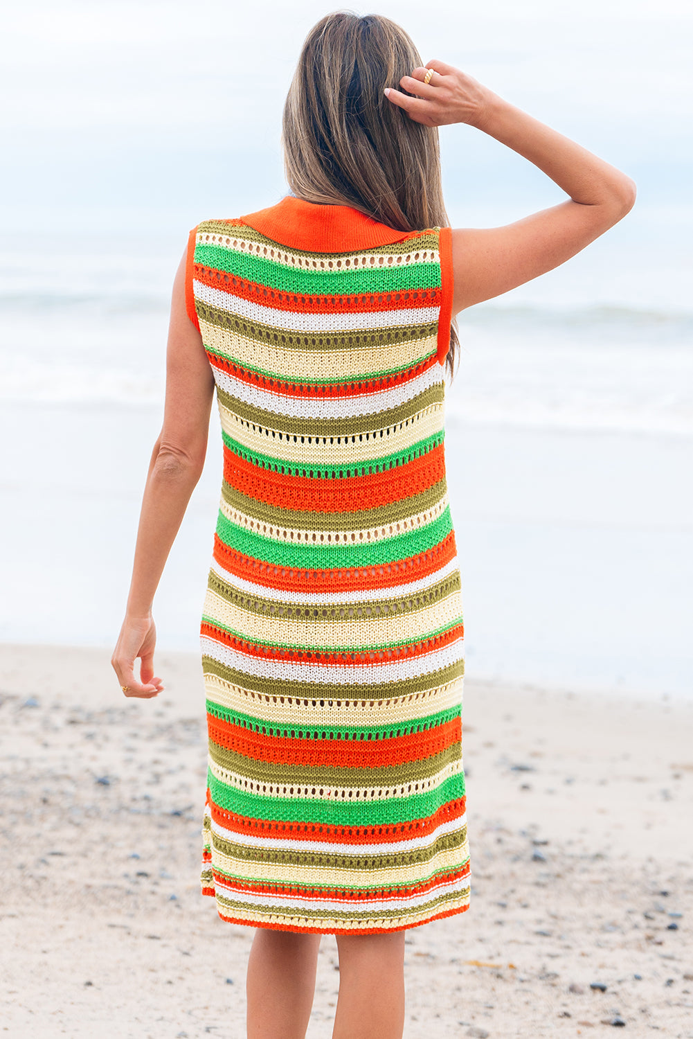 Stacey B's Yellow Stripe Eyelet Sleeveless Buttoned Split Neck Sweater Dress