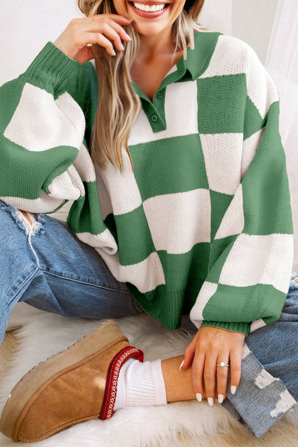 Stacey B's Mist Green Checkered Pattern Polo Collar Loose Sweater