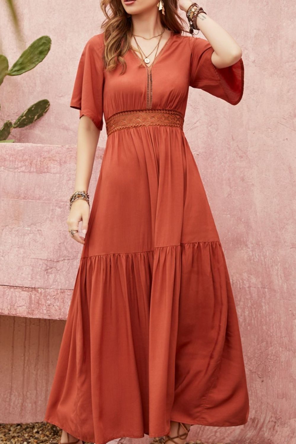 Stacey B's Lace Detail V-Neck Half Sleeve Midi Dress