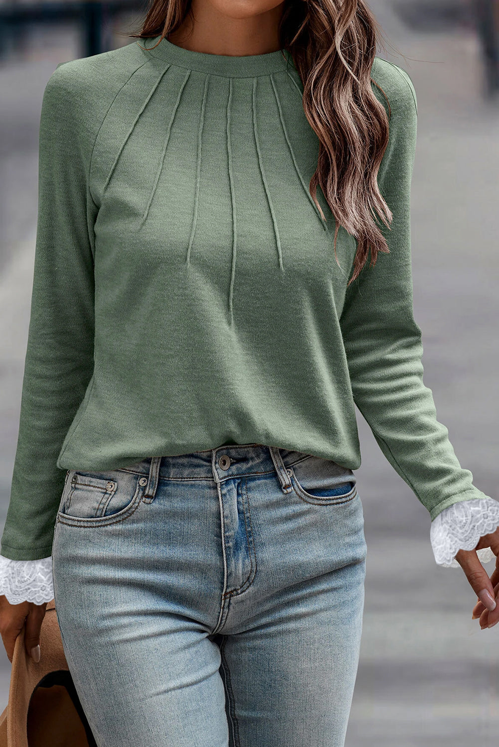 Stacey B's Parchment Seam Detail Lace Contrast Cuffs Raglan Sleeve Top