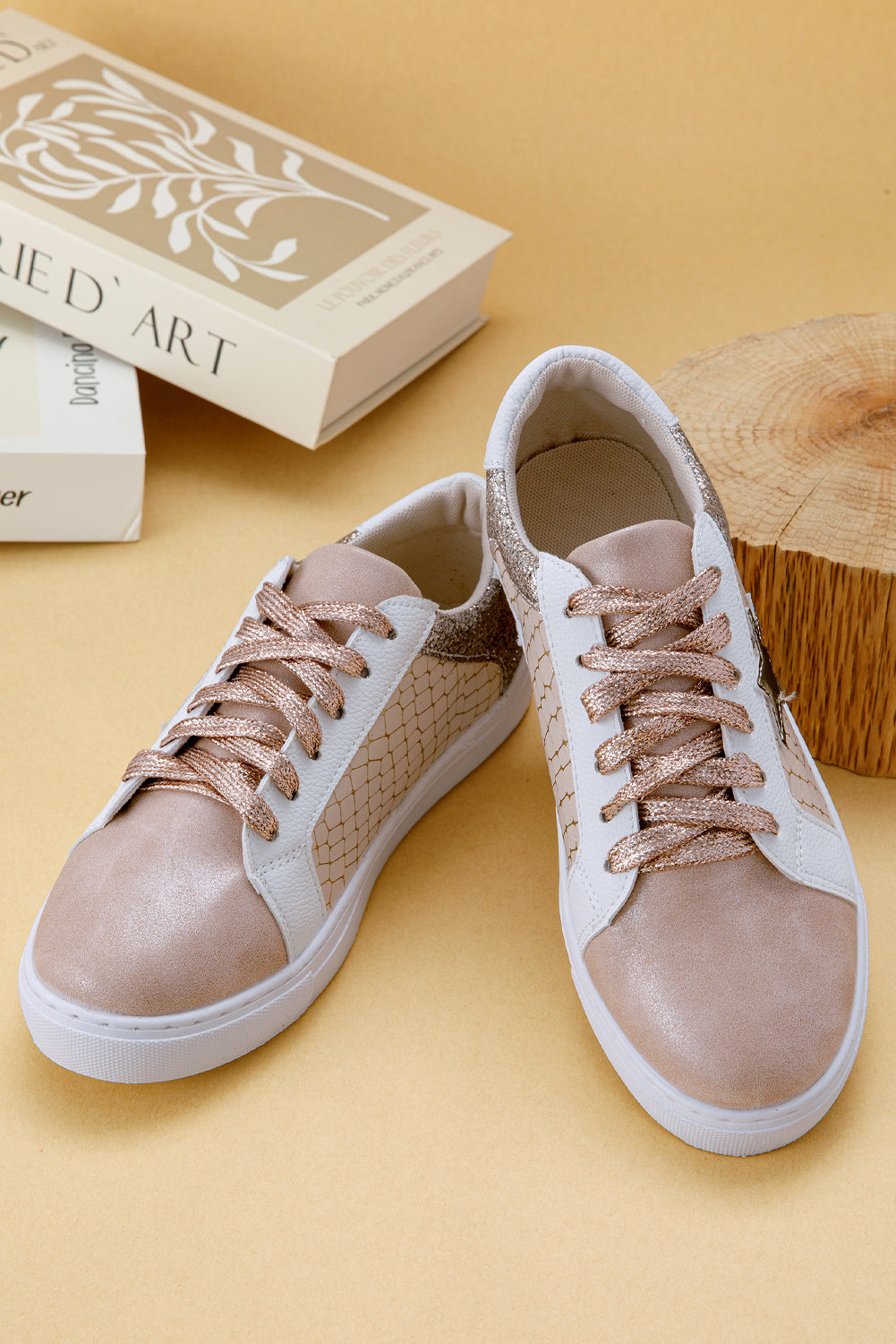Stacey B's Gold Glitter Star Patchwork PU Leather Lace-up Sneakers