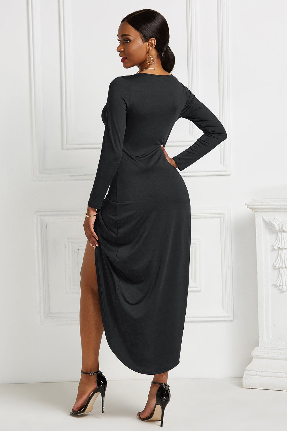 Stacey B's High-low Ruched Surplice Long Sleeve Dress