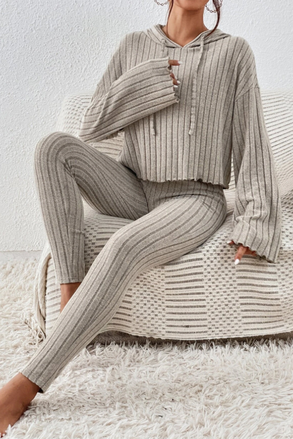 Stacey B's Lettuce Hem Dropped Shoulder Hooded Top and Pants Set