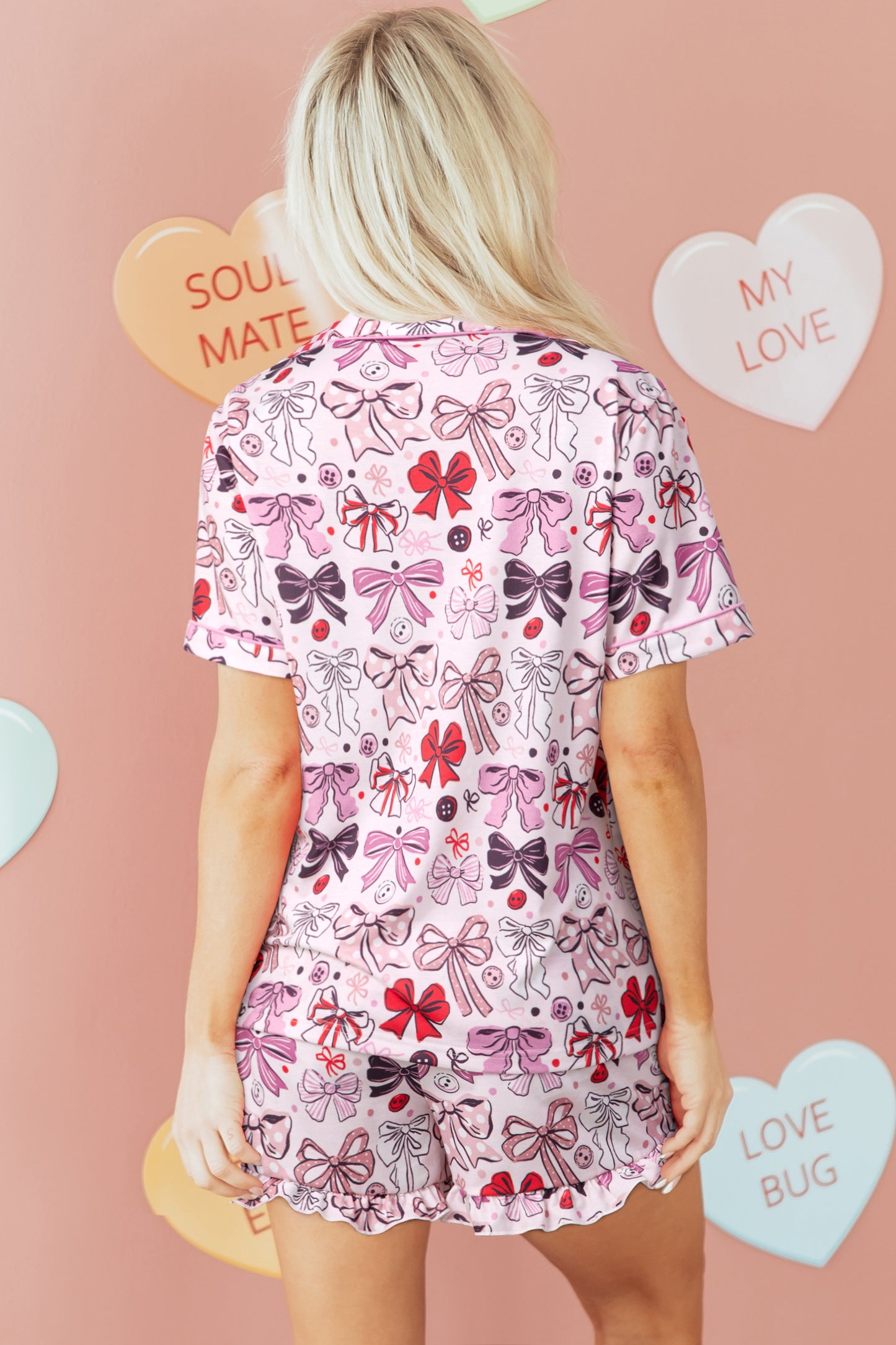 Stacey B's Pink Cute Ribbon Bows Printed Shirt Style 2pcs Short Pajama Set