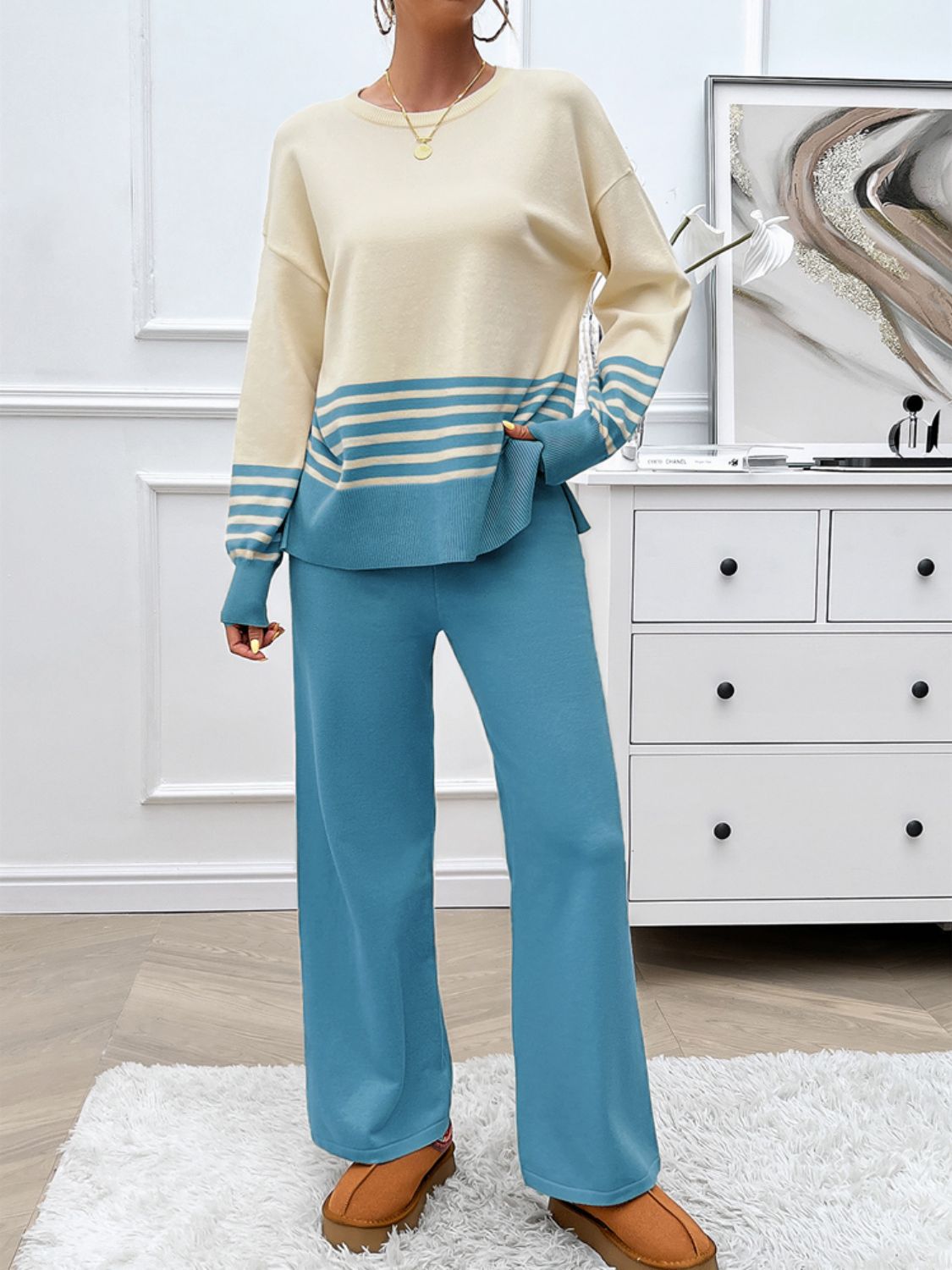 Stacey B's Devine Slit Striped Round Neck Top and Pants Sweater Set