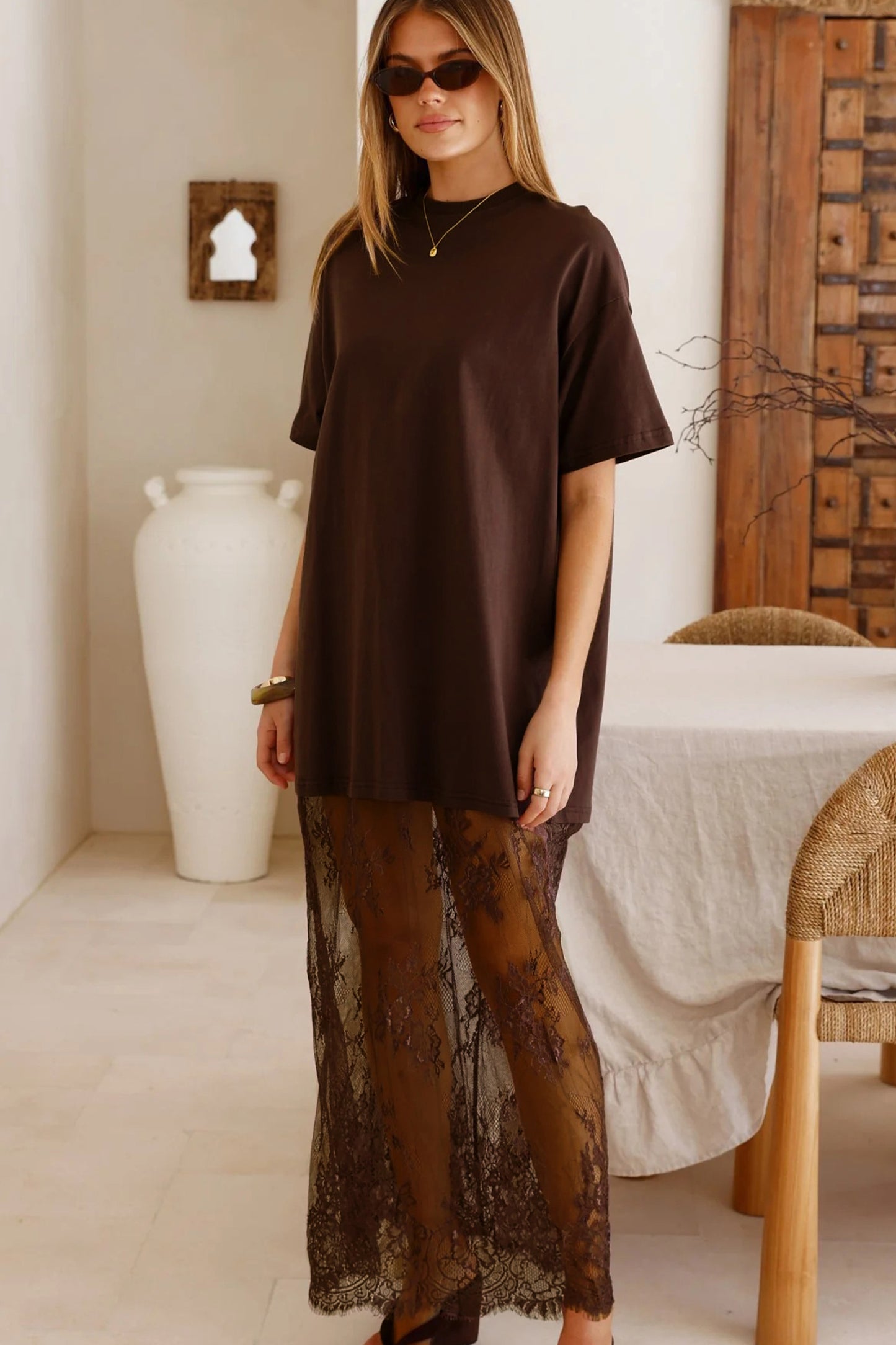 Stacey B's Red Sandalwood Floral Patchwork Short Sleeve T Shirt Loose Maxi Dress