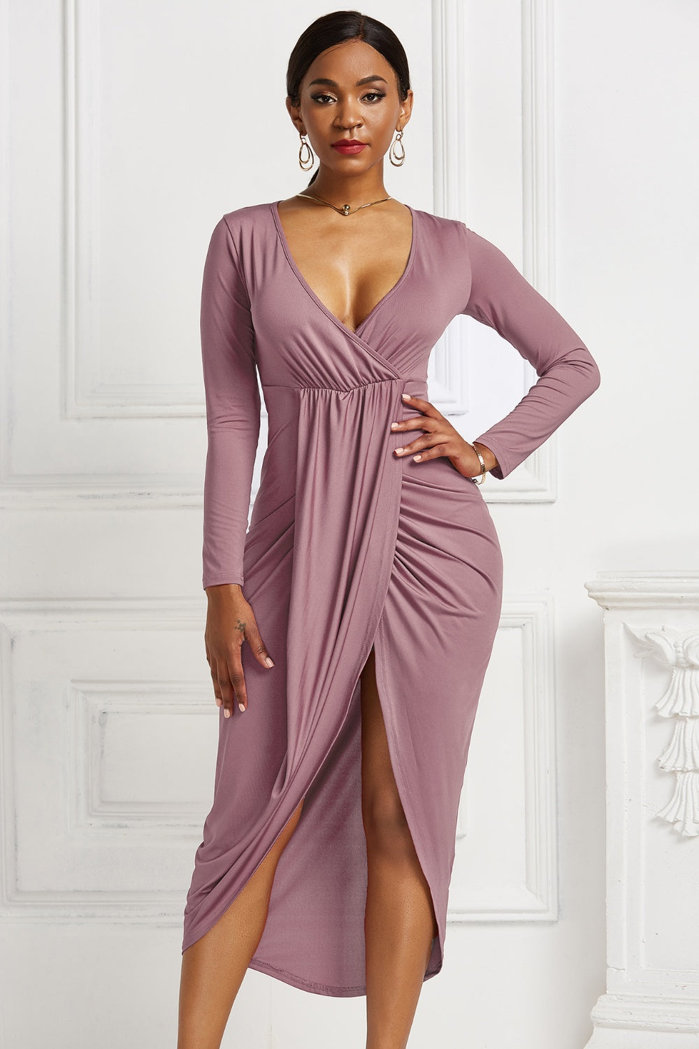 Stacey B's High-low Ruched Surplice Long Sleeve Dress