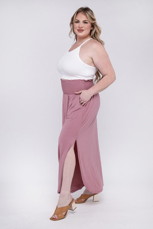 Stacey B's Plus Smocked Waist Side Slit Maxi Skirt w/ Pockets