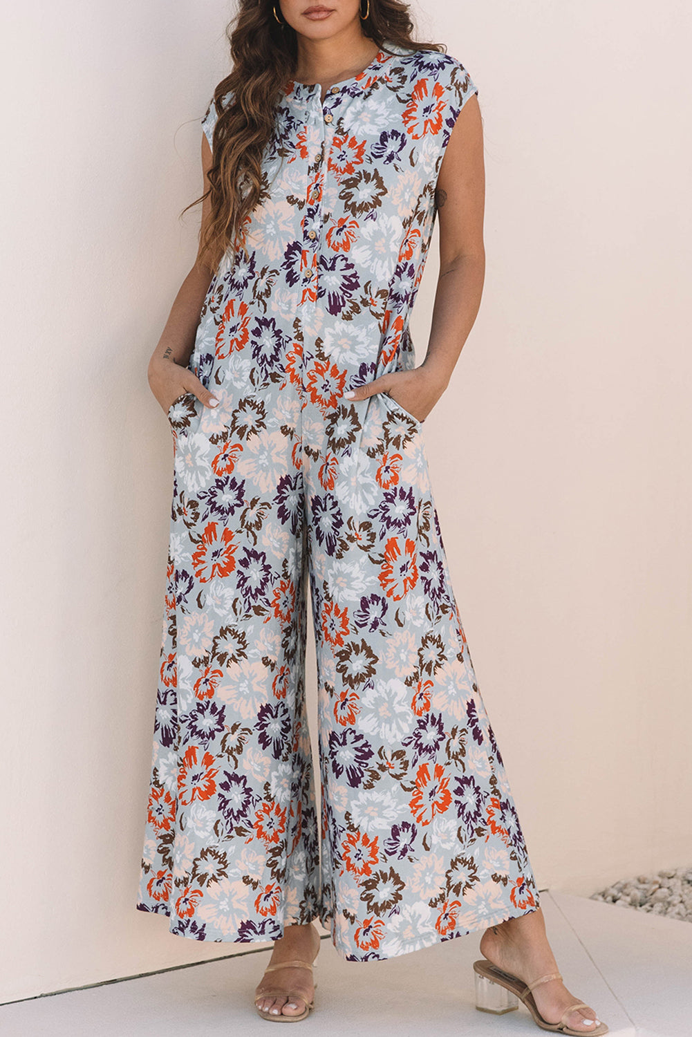 Stacey B's Sky Blue Floral Sleeveless Buttoned Pocketed Wide Leg Jumpsuit