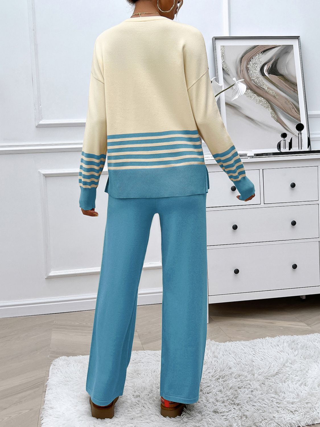 Stacey B's Devine Slit Striped Round Neck Top and Pants Sweater Set