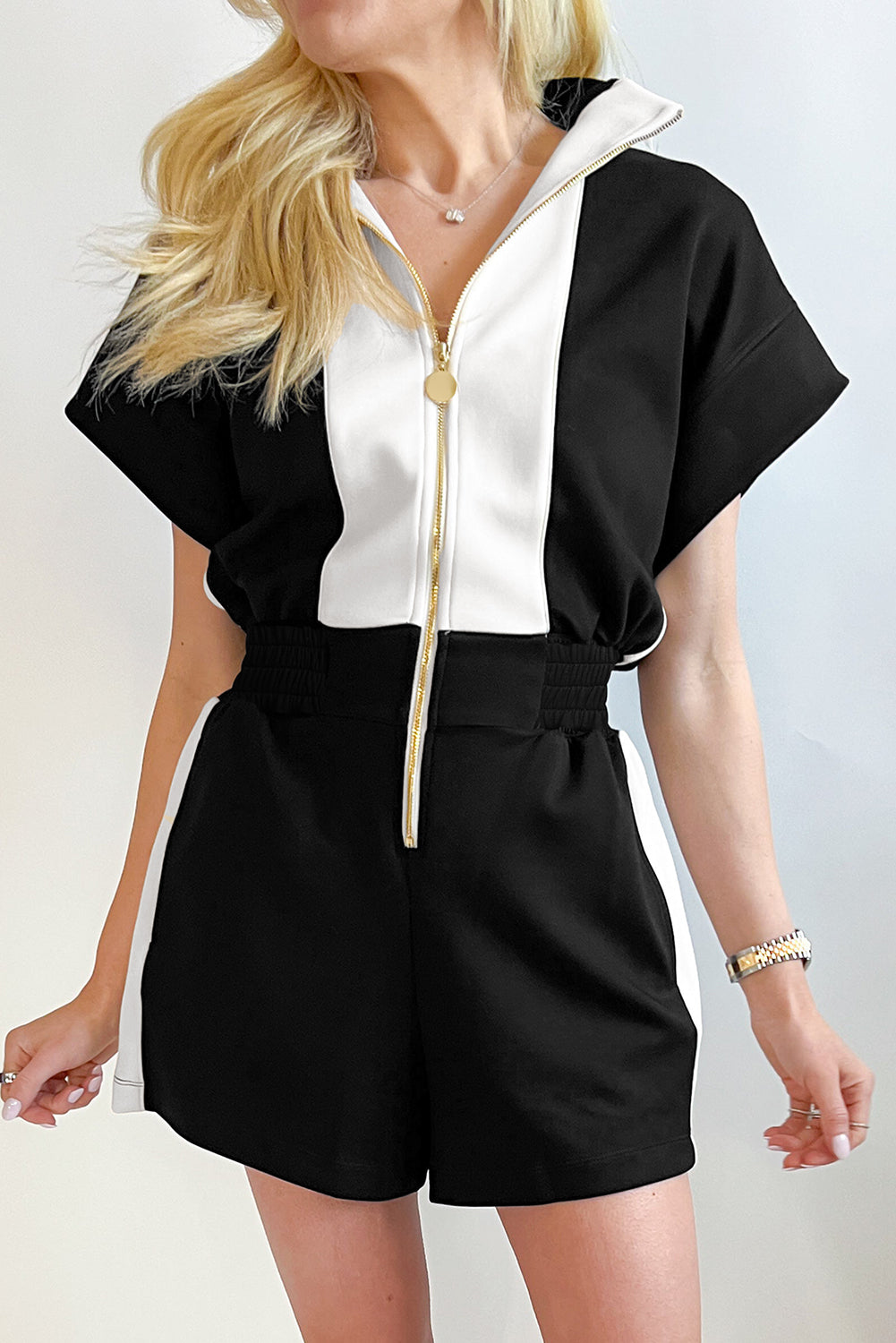 Stacey B's Black Contrast Collar Patchwork Zip Front Romper
