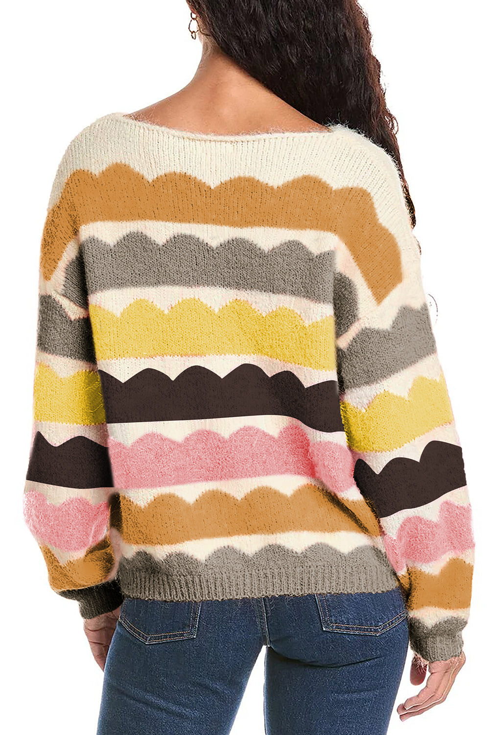 Stacey B's Gray Wave Striped Balloon Sleeve Drop Shoulder Sweater