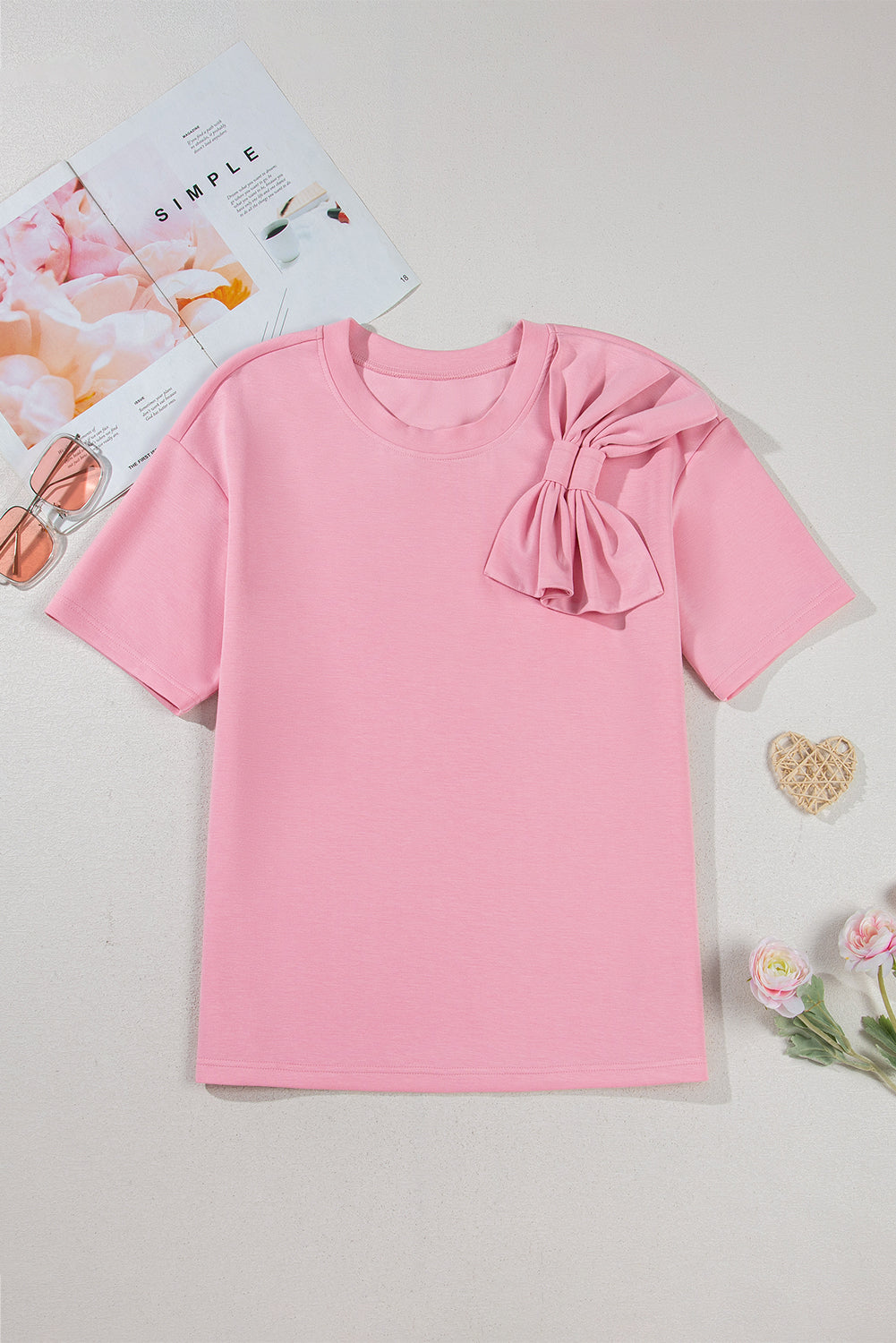 Stacey B's Pink Bow Applique Half Sleeve T-shirt