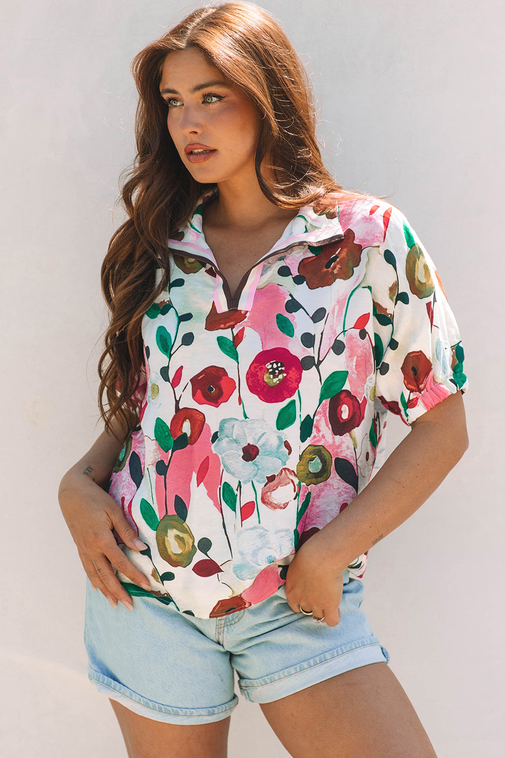 Stacey B's Pink Floral Print Slit V Neck Short Sleeve Blouse