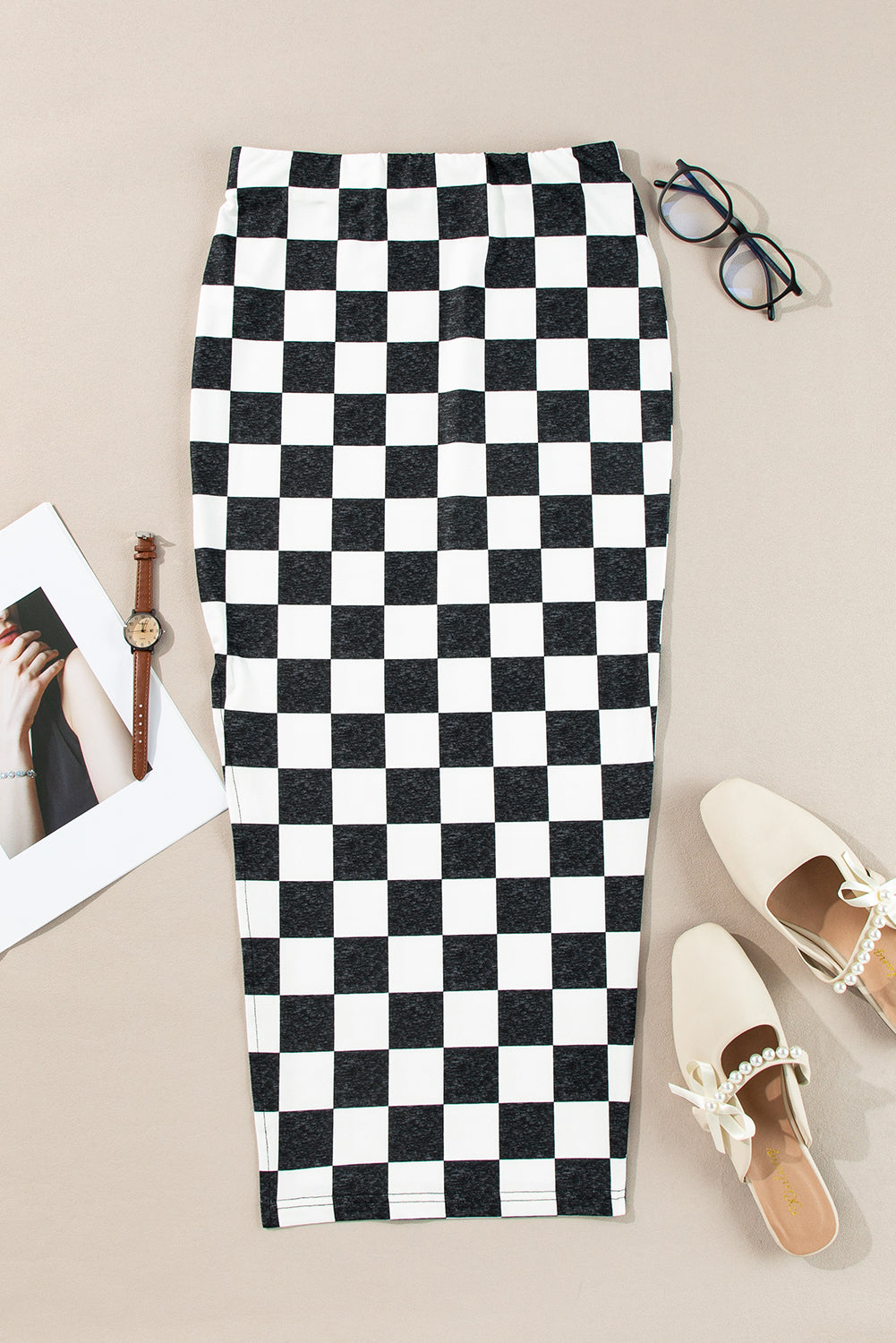 Stacey B's Rose Checkered Print Side Slit Slim Fit Midi Skirt