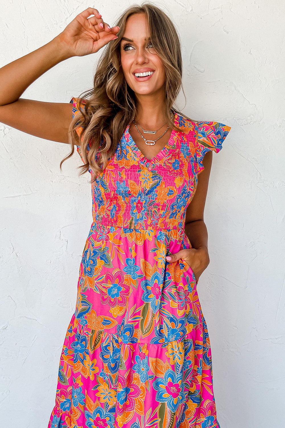Stacey B's Dark Blue Boho Floral V Neck Ruffle Tiered Long Dress