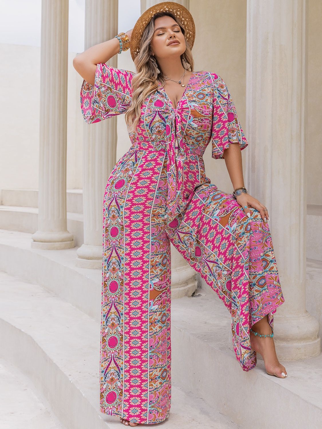 Stacey B's Printed Half Sleeve Wide Leg Jumpsuit